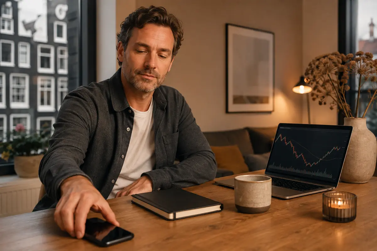 Belegger legt zijn telefoon weg en houdt tijdens een beursdaling vast aan zijn plan