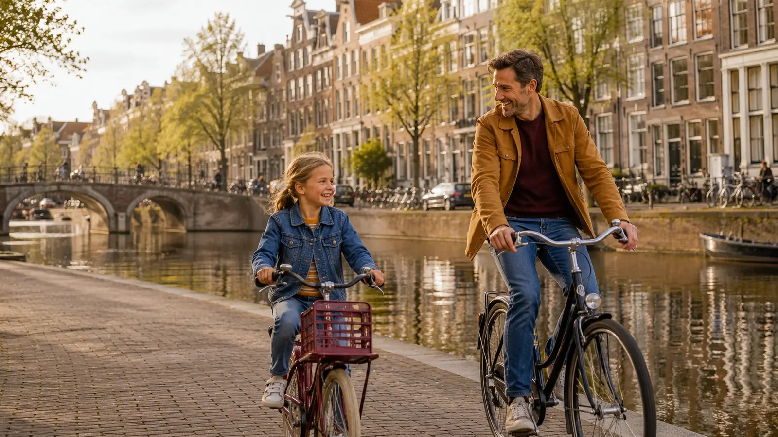 Vader en dochter fietsen samen langs een Amsterdamse gracht