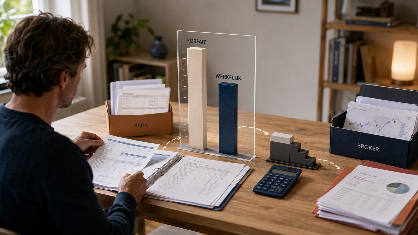 Twee staafjes vergelijken het forfaitaire rendement met het werkelijke rendement, met dossiers van bank en broker als onderbouwing