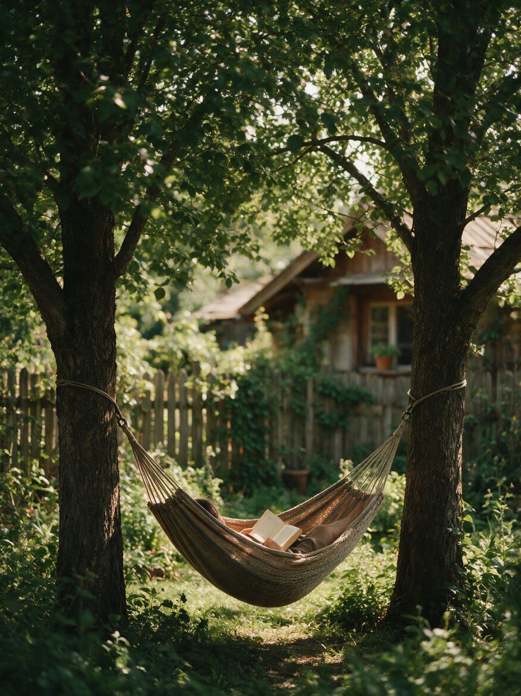 Iemand leest ontspannen een boek in een hangmat tussen twee bomen, op een doordeweekse middag