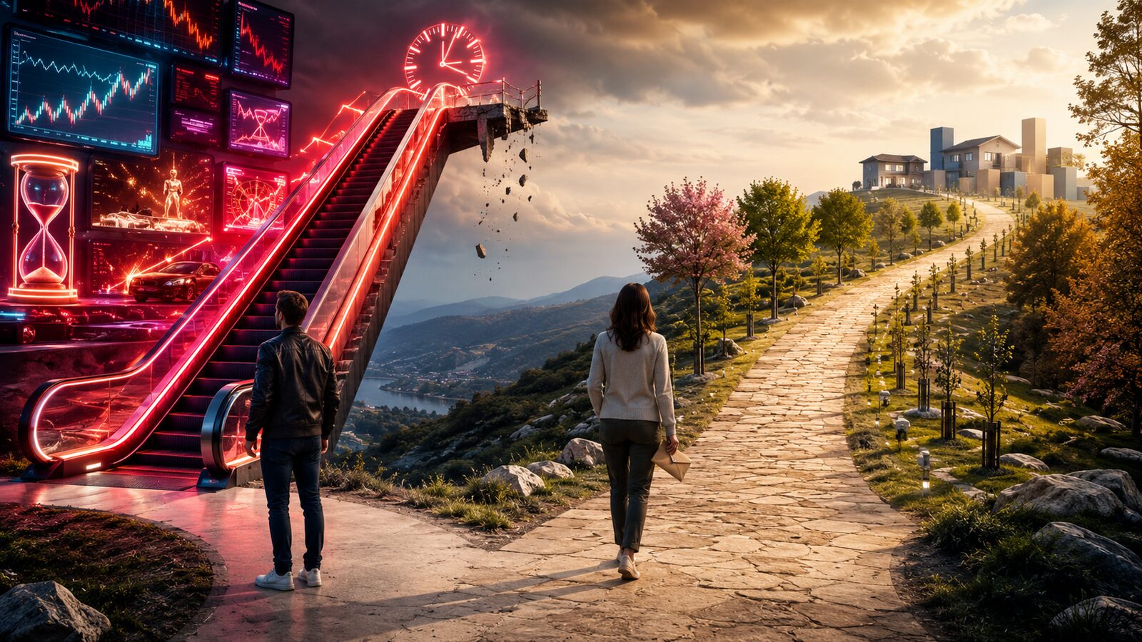 Een rode neon-roltrap eindigt abrupt in een afgrond vol trading-schermen, terwijl een rustig stenen pad daarnaast rustig omhoog leidt naar een groen dorp in de zon