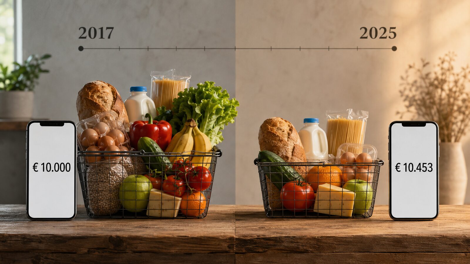 Twee identieke boodschappenmandjes naast elkaar: hetzelfde bedrag van 10.000 euro in 2017 en 10.453 euro in 2025, met minder boodschappen in het mandje van 2025