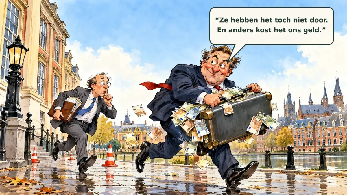 Cartoon: politicus rent met een koffer vol geld weg bij het Binnenhof: ze hebben het toch niet door, en anders kost het ons geld