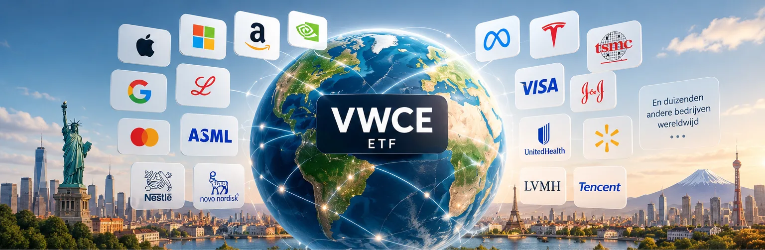 Wereldbol met VWCE en logo's van bedrijven uit het fonds, zoals Apple, Microsoft, ASML, TSMC en Nestlé